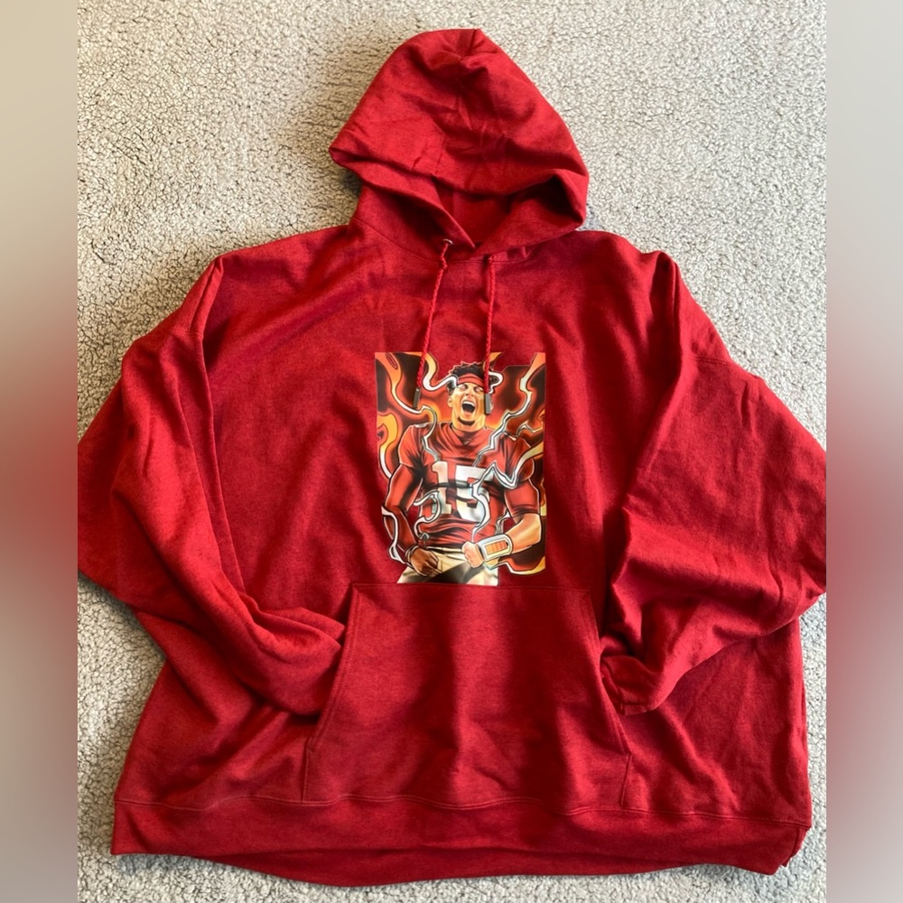 Mahomes Fire Flying MVP Chiefs Red Charcoal Dust Oversized Men’s Hoodie Size 5X